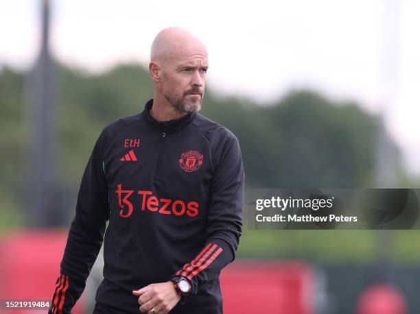 Manager Erik ten Hag of Manchester United in action during a pre-season first team training session at Carrington Training Ground on July 06, 2023 in...