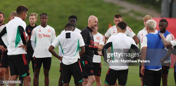 Manager Erik ten Hag of Manchester United in action during a pre-season first team training session at Carrington Training Ground on July 06, 2023 in...