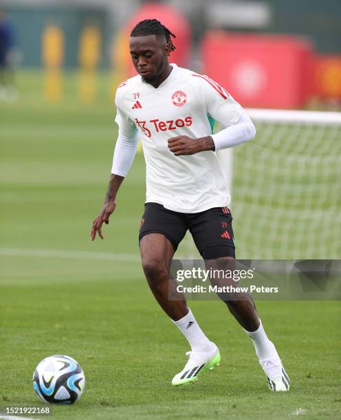 Aaron Wan-Bissaka of Manchester United in action during a pre-season first team training session at Carrington Training Ground on July 06, 2023 in...