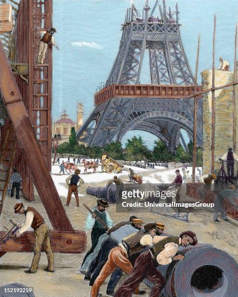 History of France, Paris, Universal Exhibition of 1889, Construction of the Eiffel Tower, Colored engraving.
