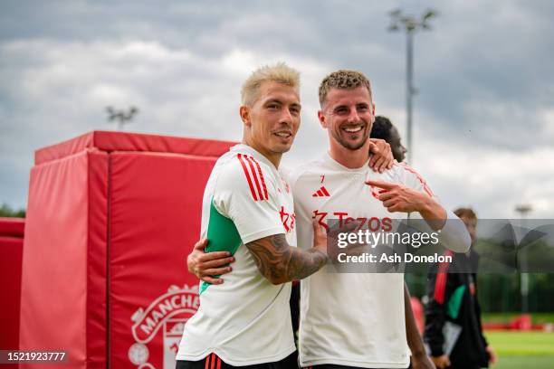 Lisandro Martinez, Mason Mount of Manchester United in action during a pre-season first team training session at Carrington Training Ground on July...