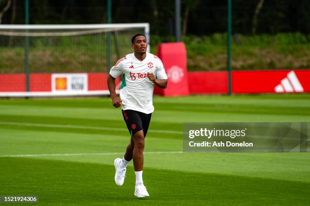 Anthony Martial of Manchester United in action during a pre-season first team training session at Carrington Training Ground on July 06, 2023 in...