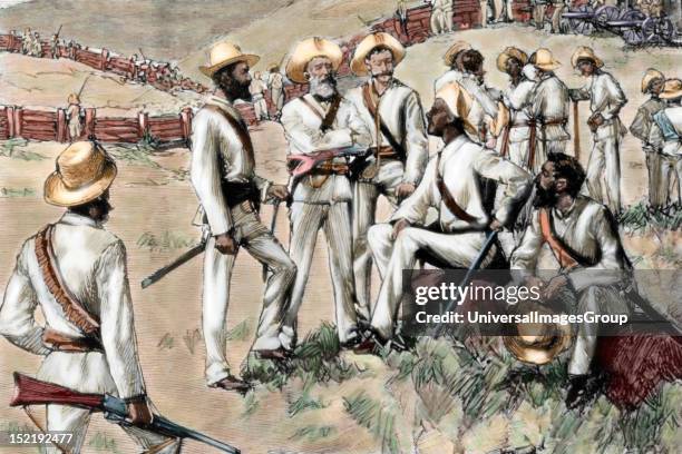 Cuban War of Independence against Spain, Command post in Santa Clara, Insurgents led by Maximo Gomez, Colored engraving.