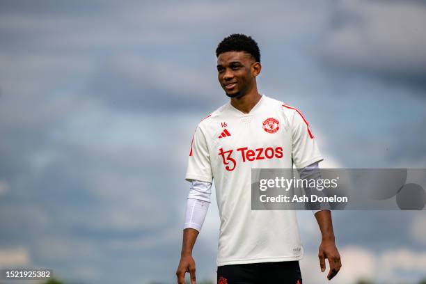 Amad of Manchester United in action during a pre-season first team training session at Carrington Training Ground on July 06, 2023 in Manchester,...