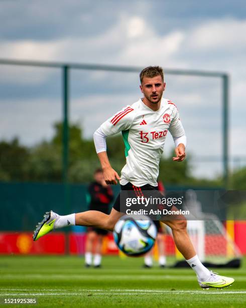 Mason Mount of Manchester United in action during a pre-season first team training session at Carrington Training Ground on July 06, 2023 in...