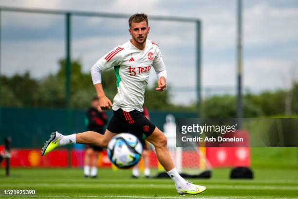 Mason Mount of Manchester United in action during a pre-season first team training session at Carrington Training Ground on July 06, 2023 in...