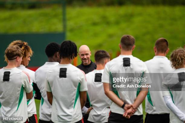 Manager Erik ten Hag of Manchester United in action during a pre-season first team training session at Carrington Training Ground on July 06, 2023 in...