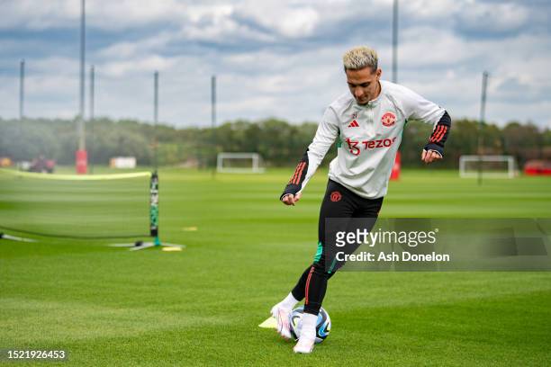 Antony of Manchester United in action during a pre-season first team training session at Carrington Training Ground on July 06, 2023 in Manchester,...
