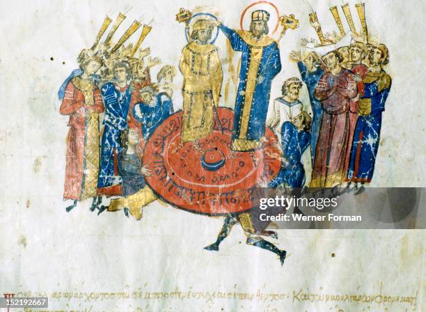 Scylitzes chronicle, Cod.gr.S 3,fol.10.v. Michael 1 Rhangabe pro claims Leo V the Armenian as co emperor. Both step onto the shield which was raised...