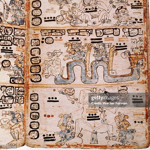 Detail of a page from the codex Troana Cortesianus, also know as the Madrid Codex, One of only four surviving Mayan codices it is composed entirely...