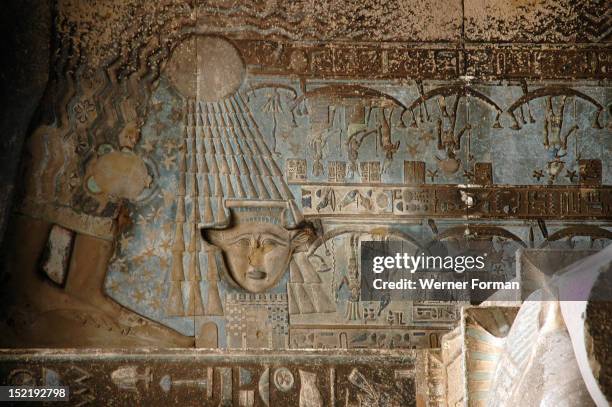 The ceiling inside the Hypostyle Hall of the Temple of Hathor contains vividly painted scenes and hieroglyphic inscriptions relating to astronomy,...