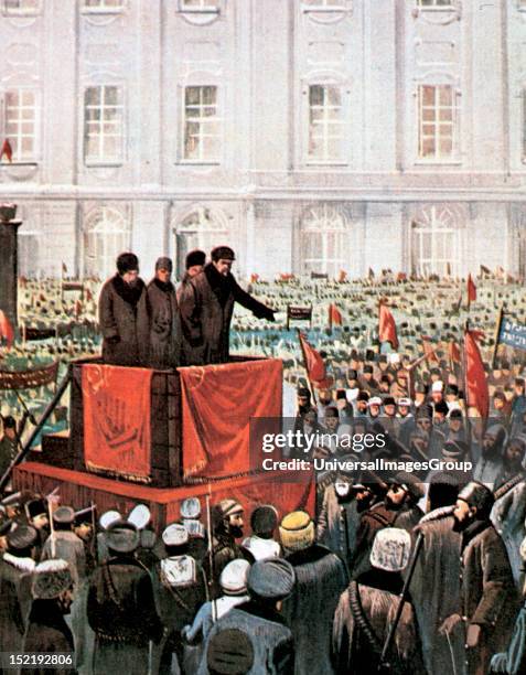 Russian Revolution , Rally by Lenin and Leon Trotsky in St, Petersburg after the October Revolution of 1917: the extremists socialists have managed...