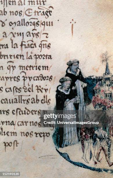 The Chronicle of James I, Fragment of manuscript copied by Juan de Barbastro in 1380, It describes the capture of Mallorca, Detail with two Dominican...