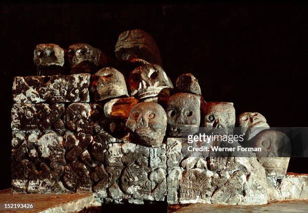 Collapsed carving of a Tzompantli, or skull rack, Such racks were near every Aztec temple and were used to store the heads of slain enemy warriors....