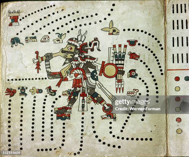 Page from the Codex Fejervary Mayer, It shows Tezcatlipoca, identified by his missing foot, and his essential connections with war and sacrifice. He...