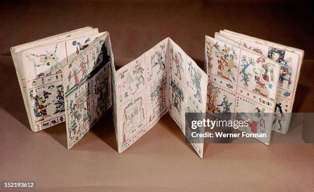 The Codex Fejervary Mayer shown partially unfolded, The paintings cover both sides of the codex. It is possible that they relate to the beliefs and...