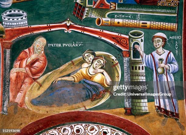 Italy, Novalesa Abbey, Chapel of Saint Eldrado and Saint Nicholas, 11th century, Fresco depicting Saint Nicholas help with the dowry of his daughters...