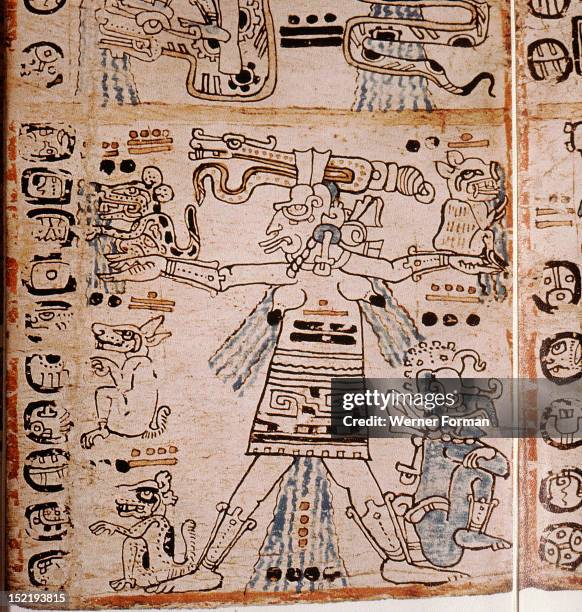 Detail of a page from the codex Troana Cortesianus, also know as the Madrid Codex, One of only four surviving Mayan codices it is composed entirely...