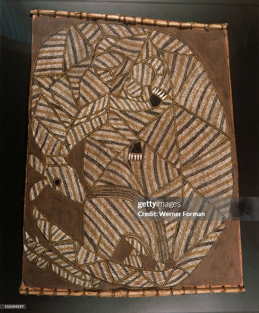 Bark painting in X ray style depicting a kangaroo
