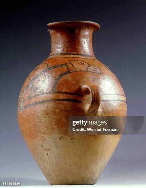 Jar for storing food or drink decorated with a painted depiction of a bird, possibly an eagle or condor, At this period the neighbouring Peruvian...