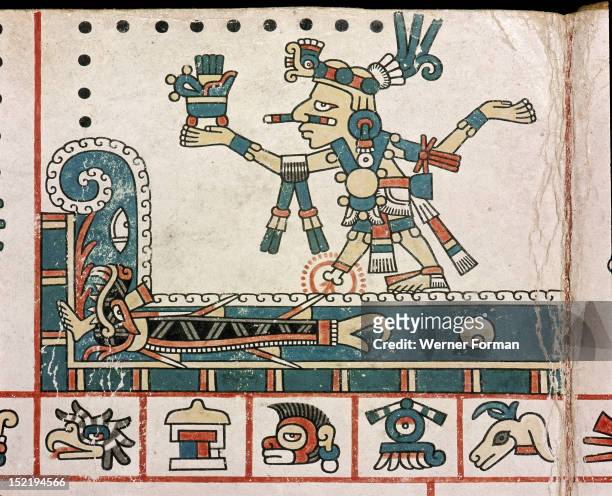 Panel from the Codex Fejervary Mayer shows how Tezcatlipoca tempted the Earth Monster to the surface of the great waters by using his foot as bait,...