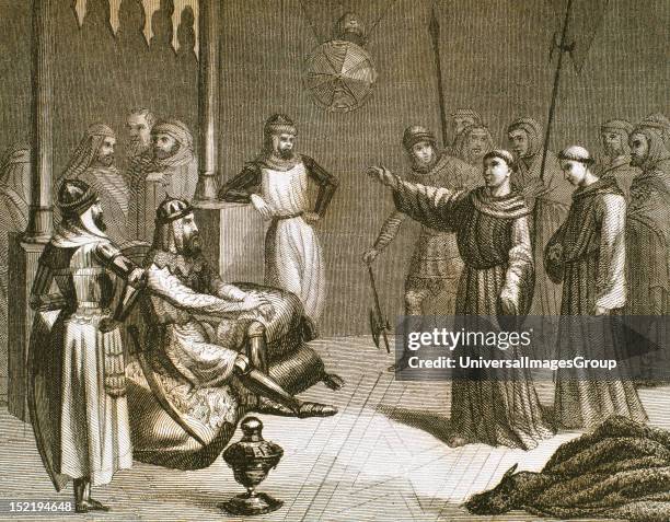 Meeting between St, Francis of Assisi and Sultan Malek-el-Kamel in Damietta , Engraving, 1851.