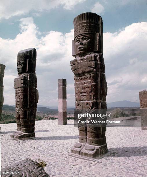 Stone warrior figures, They once served as columns to support a pyramid dedicated to Quetzalcoatl. The columns have since been re installed on the...