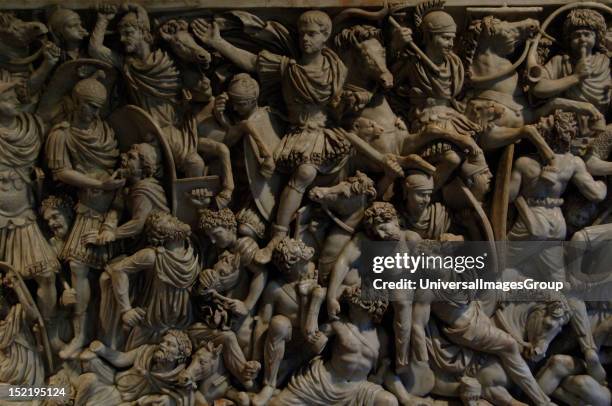 Grande Ludovisi Sarcophagus, Dated in the 3rd century and came from a tomb near the Porta Tiburtina, Reliefs depicting a battle scene between Romans...