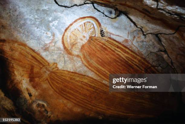 Aboriginal cave painting of a Wadjina, The Wandjina are a group of ancestral beings from the sea and sky that bring rain and control the fertility of...