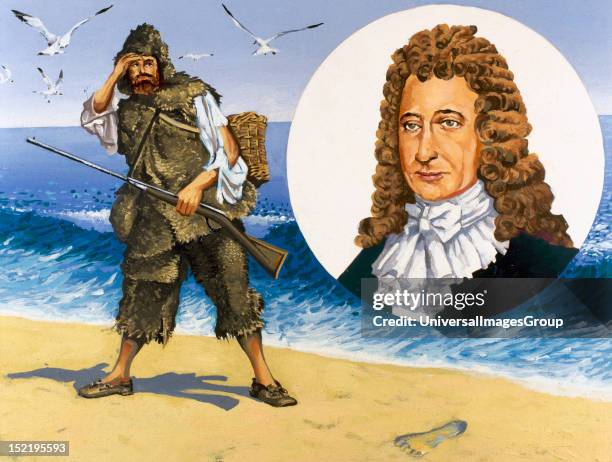 Defoe, Daniel , English novelist, Robinson Crusoe surprised to find out the footprint of a bare foot, Colored.