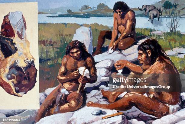 Neanderthals making weapons and tools.