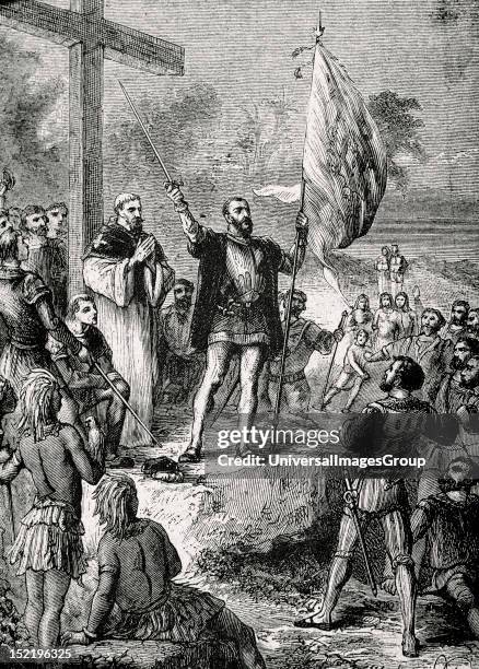 Pedro Alvares Cabral , Portuguese navigator and explorer, Discoverer of Brazil, Cabral took possession of Brazil, Engraving.