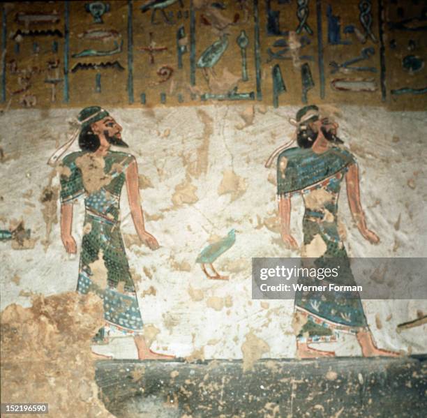 Detail of a wall in the tomb of Ramses III painted with scenes from the Book of Gates, In this detail are representatives of the four ethnic groups,...