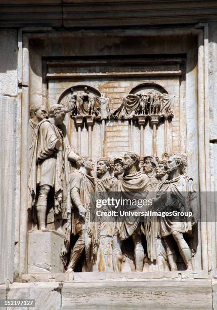 Roman Art, Arch of Constantine, Triumphal arch erected in the 4th century by the Senate in honor of the Emperor Constantine after his victory over...