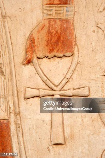 Relief depicting a hand with an ankh or crux ansata, Temple of Hatshepsut, Eighteenth Dynasty, New Kingdom, Egypt.
