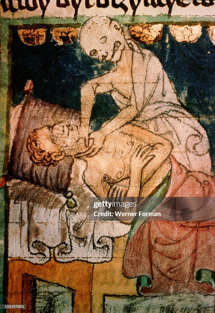 Death strangling a victim of the Black Death plague