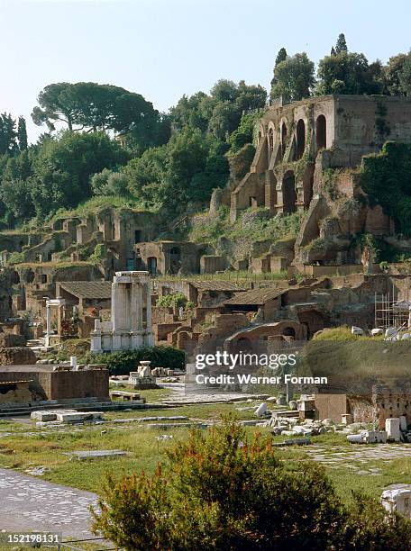 The Roman Forum, view towards the temple of Vesta, Italy. Roman.