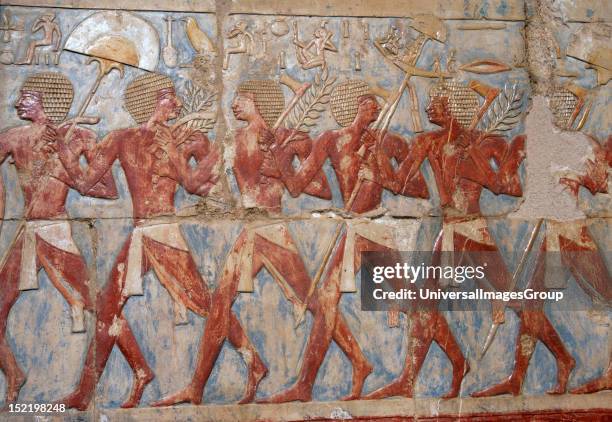 Egyptian soldiers in the expedition to the Land of Punt, Temple of Hatshepsut, C, 1490 b.C.18th Dynasty, New Kingdom, Deir el-Bahari, Egypt.