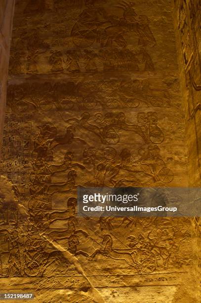 Egyptian art, Great Temple of Ramses II, 19th Dynasty, Military campaign against the Hittites, Battle of Kadesh, New Kingdom, Abu Simbel, Egypt.