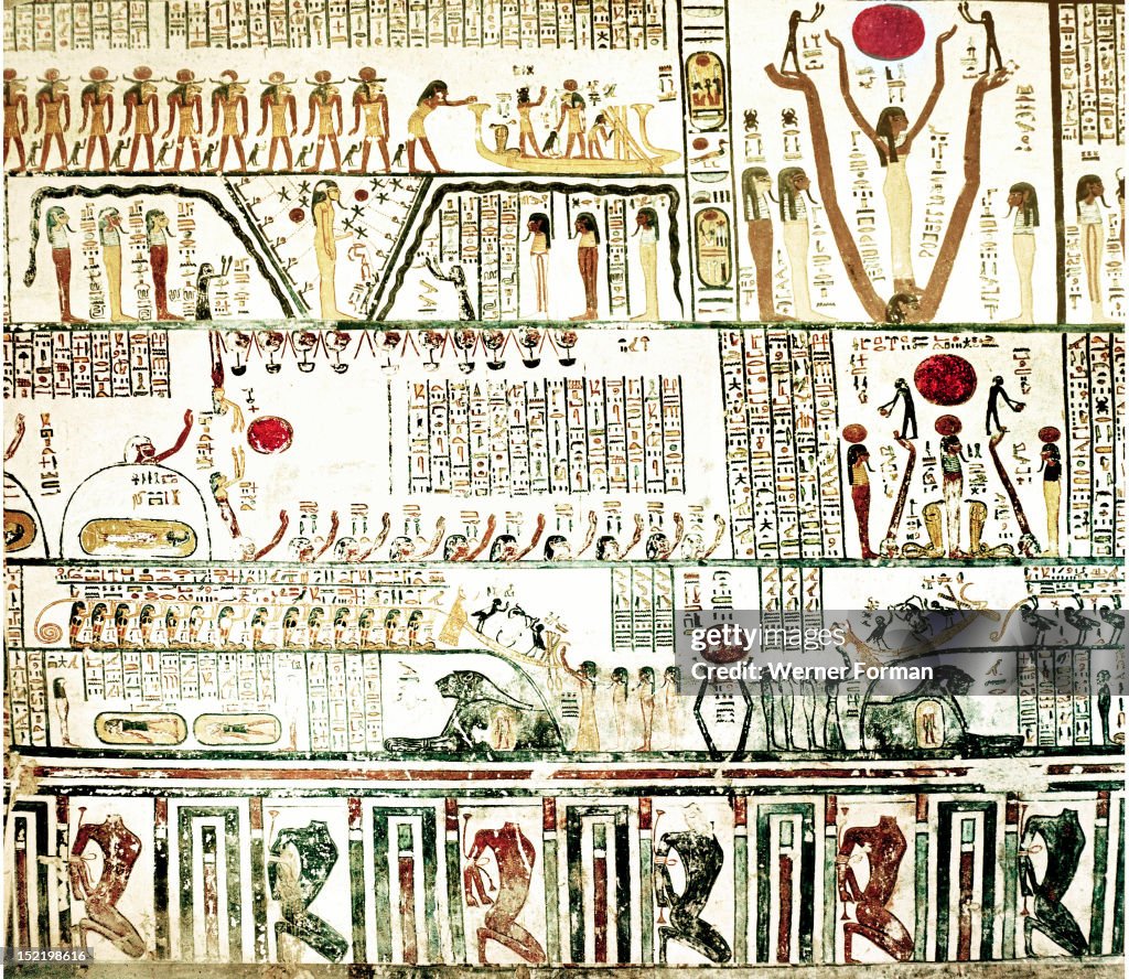 A detail of the painting of the 6th section of the Book of Caverns on the wall of the sarcophagus hall of the tomb of Ramses VI
