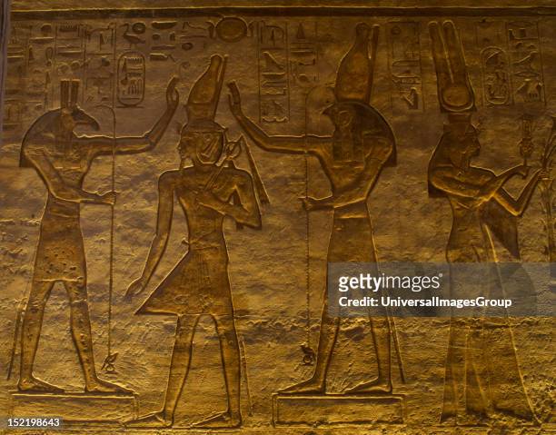 Egyptian art, Small Temple or Temple of Hathor, 19th dynasty, New Empire, The gods Set and Horus adoring Ramses II, Abu Simbel, Egypt.