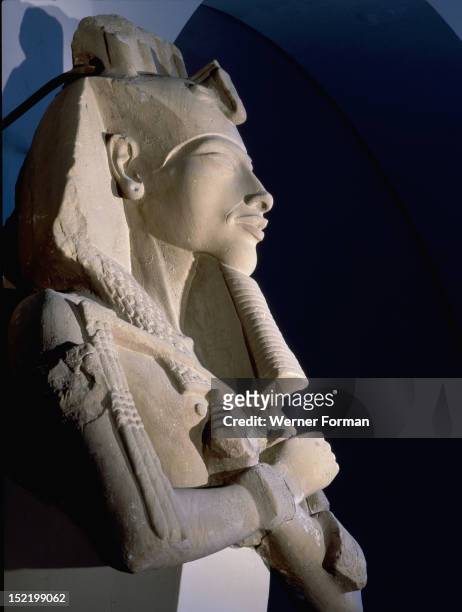 Bust from a colossal statue of Akhenaten, one of a series depicting the king in various guises erected at the new solar temple of Aten constructed by...