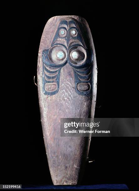 Charles Edenshaw, the most famous Haida carver, made this cradleboard for his daughter, It is decorated with his wifes dogfish crest. A cedar bark...