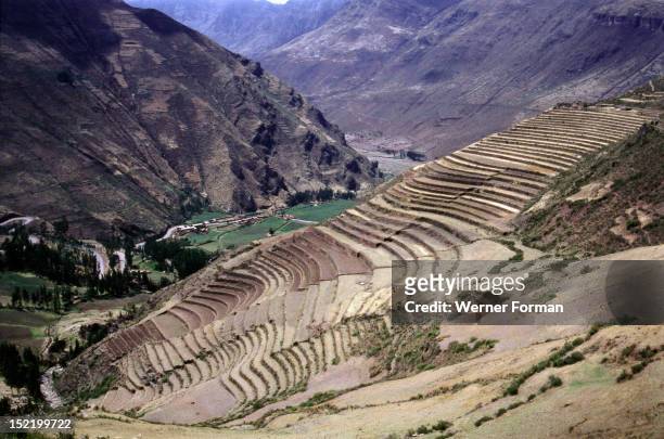 View of the great Inca agricultural terraces at Pisac, Peru, Peru . Inca. Pisac.
