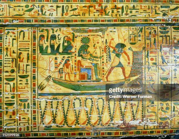 Detail from coffin of Nespawershepi, chief scribe of the Temple of Amun, The sun god Ra in his solar barque and the daily killing of the serpent...
