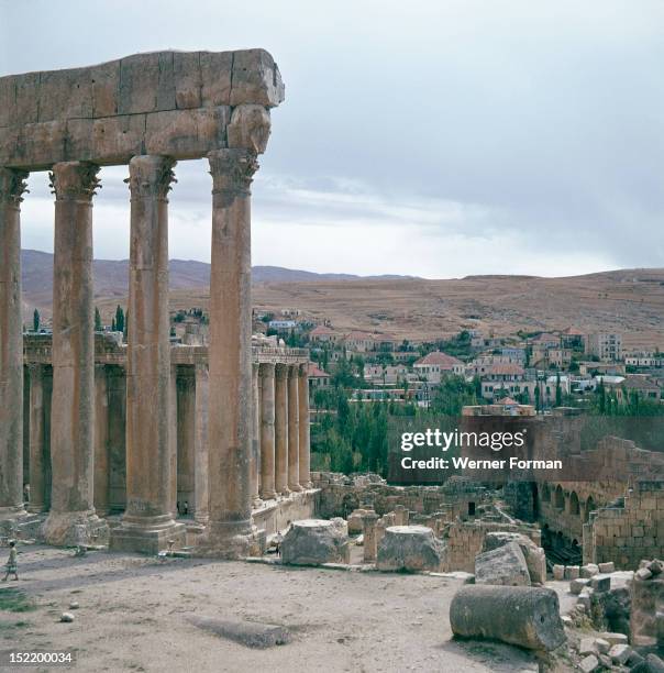View towards the temple precinct of Baalbek, the ancient Heliopolis which rose to prominence during the later Hellenistic and Roman period, The...