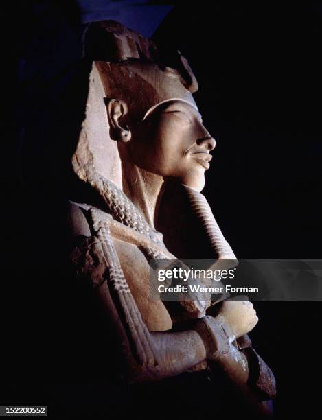 Bust from a colossal statue of Akhenaten, one of a series depicting the king in various guises erected at the new solar temple of Aten constructed by...