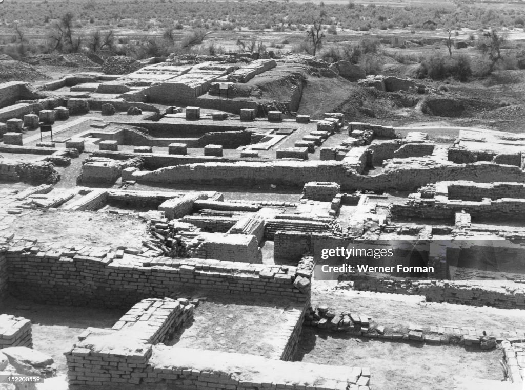 View from East to West of the Citadel of Mohenjo Daro with the baths and the granary in the background