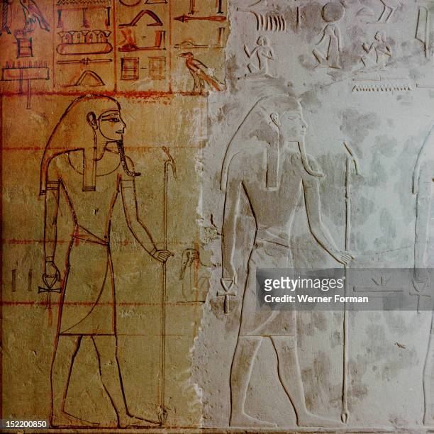 Relief decorations in the burial hall from the Tomb of Horemheb, The unfinished master sketch and the completed relief depict underworld scenes based...