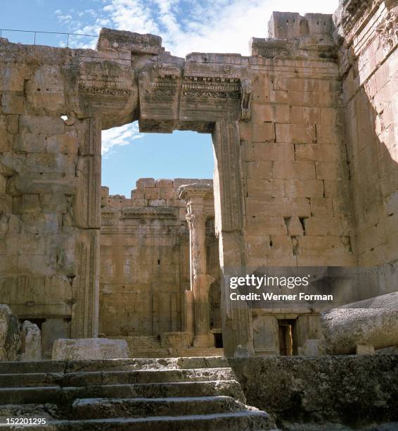 View towards the temple precinct of Baalbek, the ancient Heliopolis which rose to prominence during the later Hellenistic and Roman period, The...